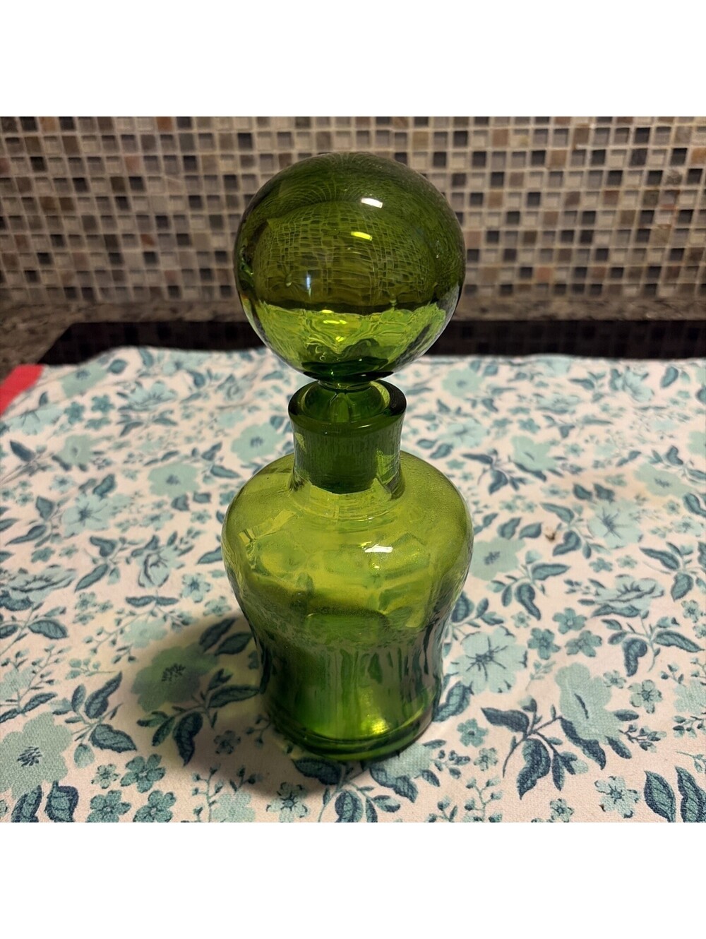 VTG 1960s Mid Century Modern MCM Blenko Crackle Glass Bubble Top Decanter Green